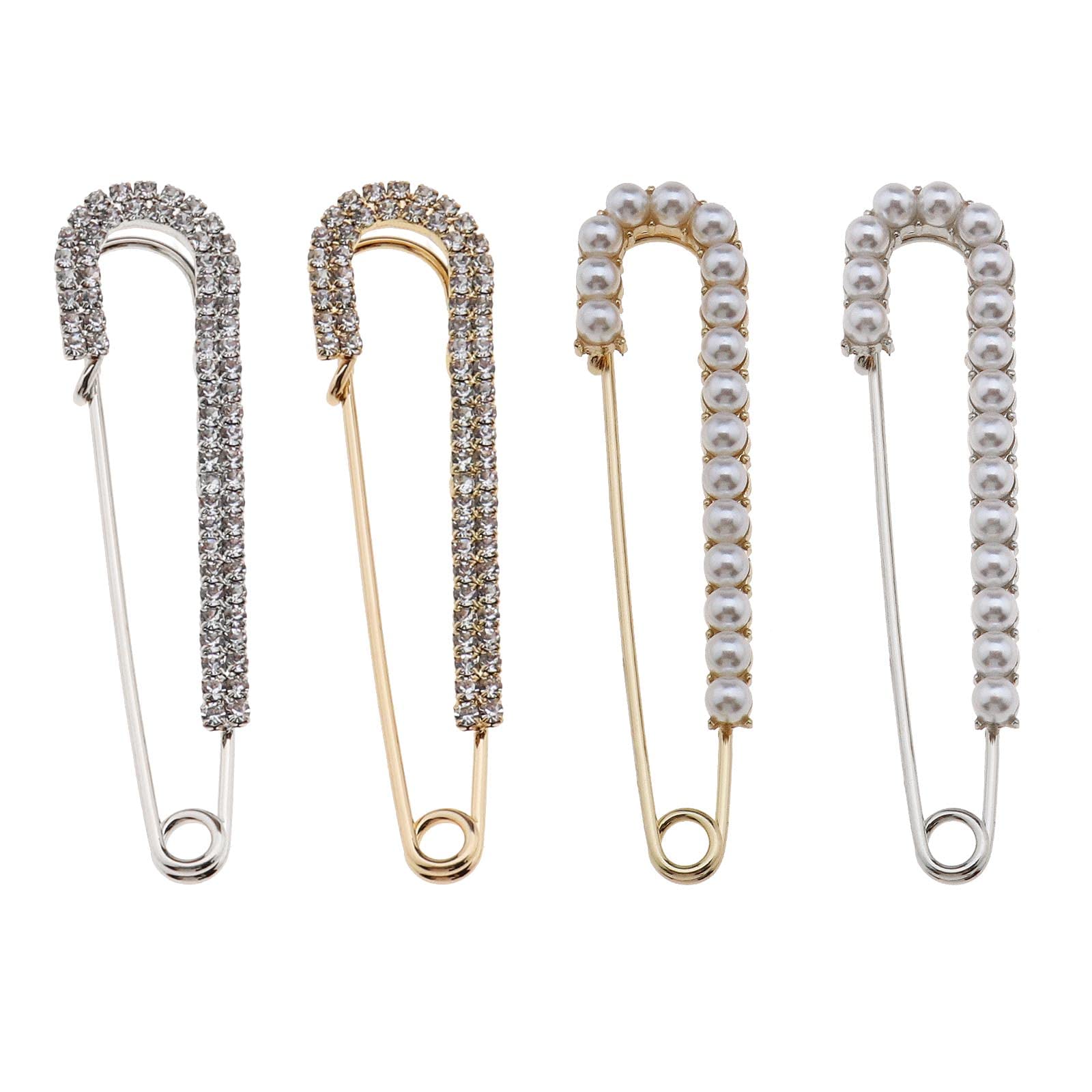 EMSea 4PCS Women Brooch Pins Faux Crystal and Pearl Brooches Sweater Shawl Clips for Sweater Shirts Dress Hat Scarve Bag Women Girls Costume Accessory Decoration 2 Styles Gold Silver
