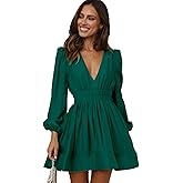 Plustrong Mini Deep V Neck Long Sleeve Dress for Women A Line Flowy Short Cocktail Wedding Guest Dresses