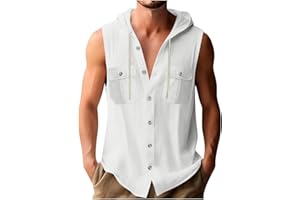 Xiaojmake Sleeveless Hoodies for Men Cotton Linen Button Up Hooded Shirts Lightweight Summer Vacation Beach Tops with Pocket