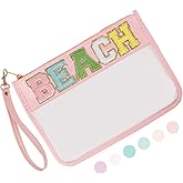 Iqimott Chenille Letter Clear Bag Beach Pouch, Monogram PVC & PU Makeup Cosmetic Bag Zipper Toiletry Pouch, Waterproof Portable Travel Snack Wristlet Bags for Women Girls(Beach, Pink)