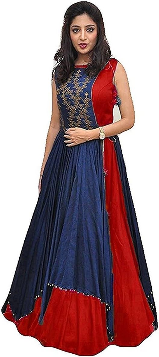 Shwetmani Fab Women's Silk Unstitched Lehenga Choli (SMF8 (9), Red and Blue, Free Size)