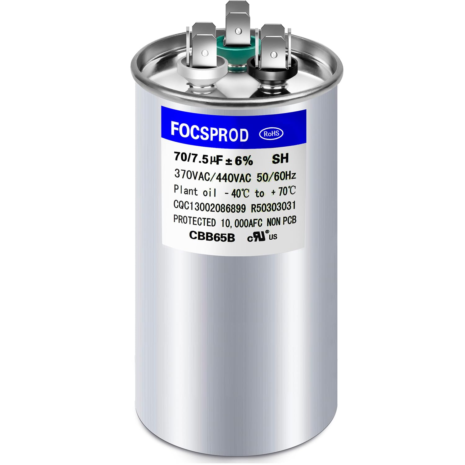 Photo 1 of [UL Recognized] FOCSPROD 70+7.5 uF 75/7.5 MFD ±6% 370V/440V CBB65B AC Capacitor, Dual Run Round Capacitor Replacement, 70 7.5 uF 440 Volt HVAC for AC Unit Fan Motor Start or Heat Pump or Condenser
