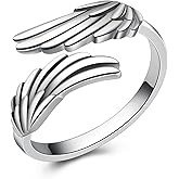 YLT 925 Sterling Silver Feather Angel Wings Ring Adjustable Dainty Wrap Open Thumb Rings for Women (6#7#8#9#, Oxidize)
