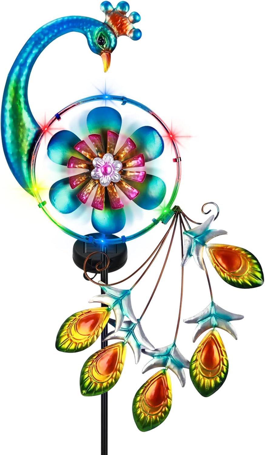 Decorative Garden Stakes - Solar Peacock Decorative Garden Stake, 12 Multi-Color Twinkle LEDs Around Double-Layer Metal Flower Windmills for Yard and Patio