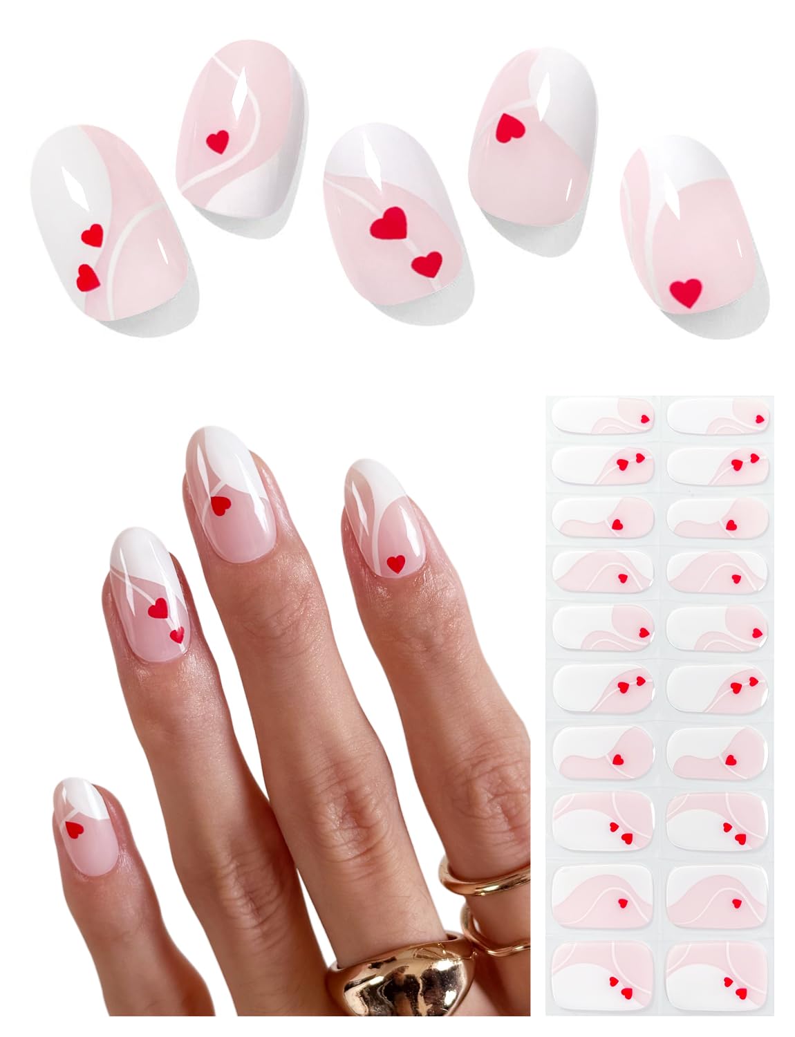 AutyaMee Semi Cured Gel Nail Strips (White Line Love), Valentines Day, 20 Pcs Gel Nail Wraps, Stickers, Salon Quality, Long Lasting, UV Light Required