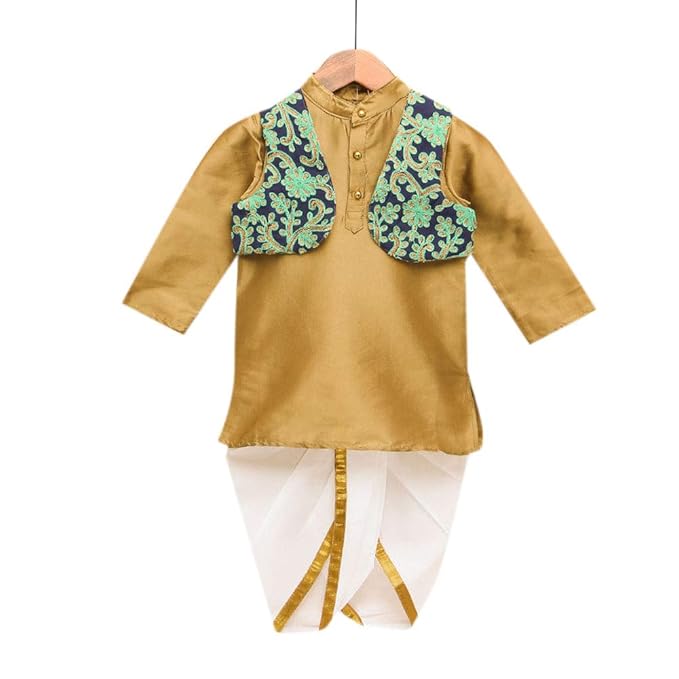A.T.U.N by Hopscotch Baby Boys Polyester Embroidered With En Kurta & Dhoti Set in Gold Color