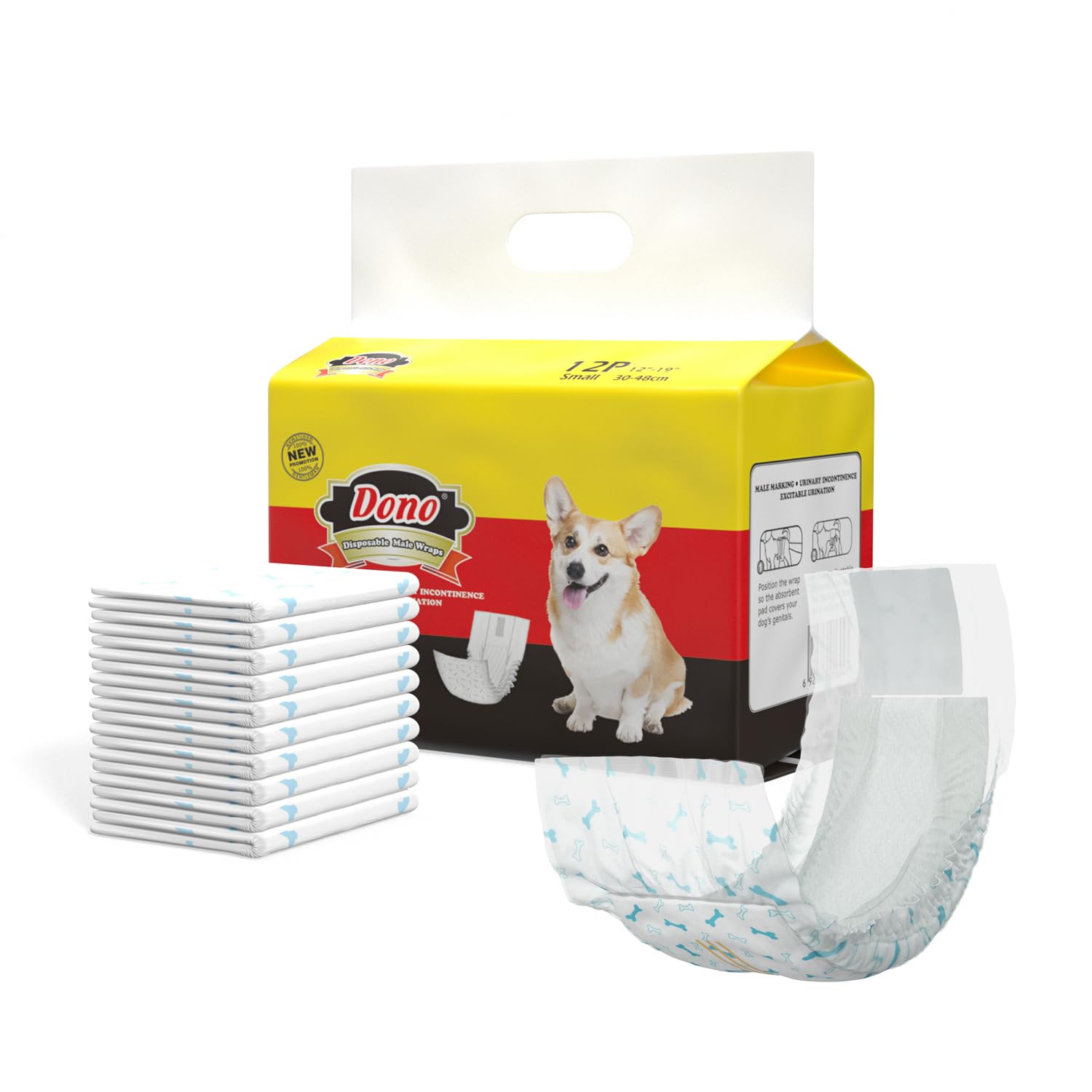 Dono Dog Nappies Male,Male Dog Wraps with Wetness Indicator,Disposable Dog Belly Bands for Puppies,Super Absorbent&Leak-proof,Puppy Nappies for Incontinence,Marking Issues,Traveling (S 12count)