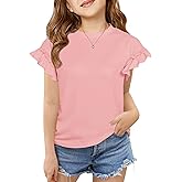 Haloumoning Girls Ruffle Short Sleeve T Shirts Kids Summer Crewneck Tops Cute Tees Blouse 5-14 Years