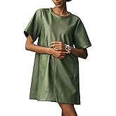 EZAPINE Women Faux Leather Mini Dress Short Sleeve Crew Neck A Line Flowy Swing PU Party Dress with Pockets
