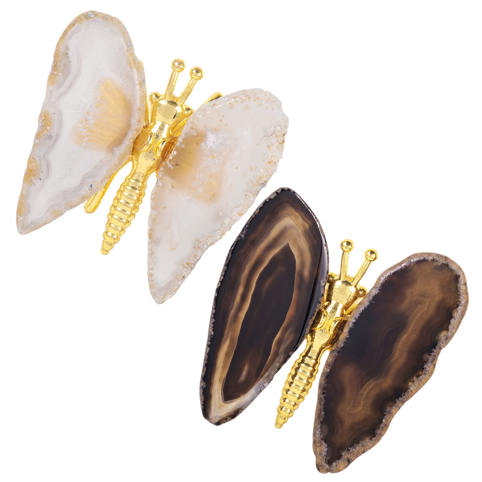 mookaitedecor Set of 2 Natural & Black Agate Slices Crystal Butterfly Decoration Collectible Figurines, Crystal Stone Animal Gifts, Semi Precious Stones Art Butterfly Ornaments for Home