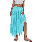 Fisoew Womens Summer Boho Maxi Skirt Casual Asymmetric High-Low Hem Flowy Bohemia Long Skirt