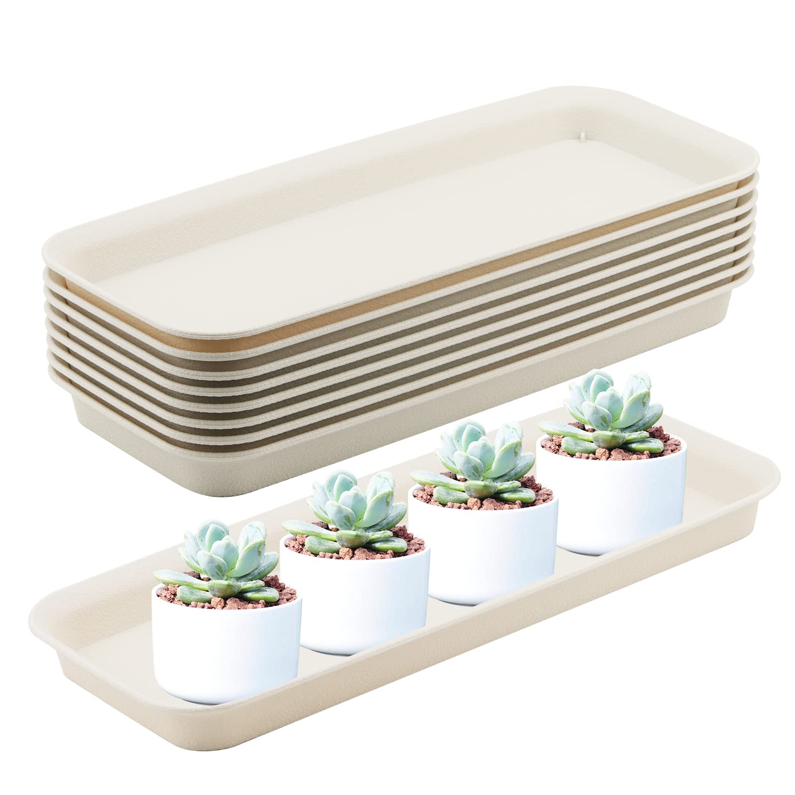 MUKCHAP 8 PCS Plastic Rectangular Plant Drip Tray, 37 x 14 x 3cm Beige Planter Tray, Window Box Flower Pot Saucers for Indoor and Outdoor