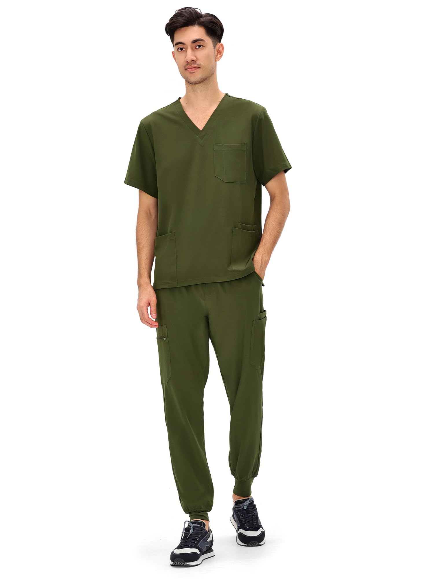 COZYFIT Scrubs for Men - 4 Pockets V-Neck Scrub Top and 7 Pockets Jogger Pants Mens Scrubs Set, Olive Green, M Image
