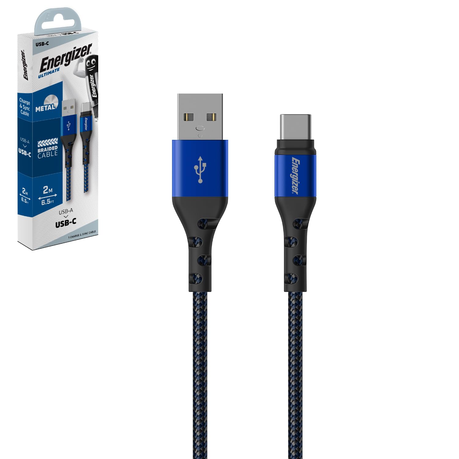 Energizer Reinforced USB-A/USB-C Cable, 2 m, Black/Blue Braided