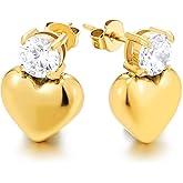 Gold Heart Drop Earrings with Cubic Zirconia Stud Stainless Steel Romantic Dangle Earrings for Women