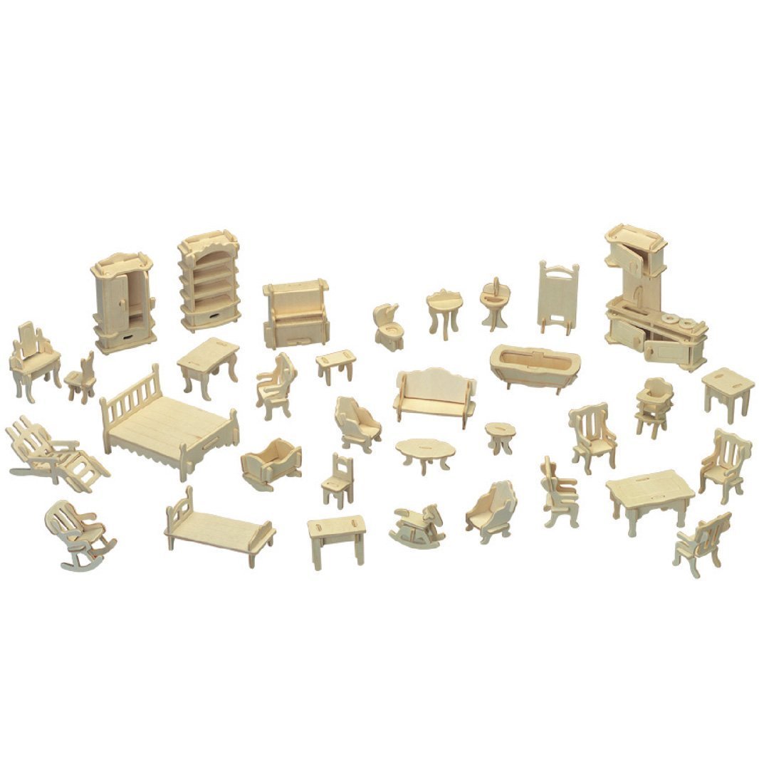 Dollhouse Furniture - Laser Cut Wooden 3D Puzzle Miniature Doll House Kit House Furniture Set - 34 Pieces