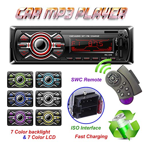 LSLYA 7 Color Backlight Universal Car Radio Stereo Receiver Single Din Bluetooth MMC/USB/SD/AUX/FM Player Hands-Free Calls 4 Channels Output Steering Wheel Remote Control Phone Charge