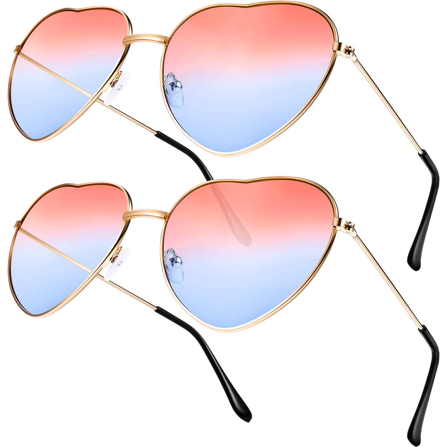 Boao 2 Pairs Hippy Specs Glasses Heart Shaped Sunglasses for Hippie Fancy Dress Accessory, Rose Gold Frame (Gradient Pink to Blue Lens)