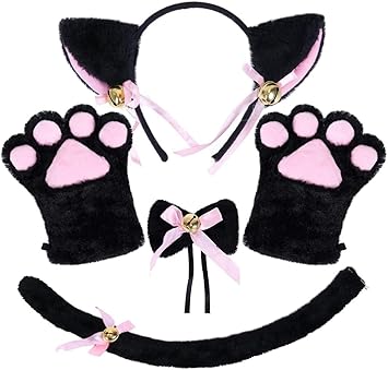 Amazon 萌え 萌え にゃんこ 4点セット 猫耳 肉球 手袋 首輪 コスチューム用小物 黒 コスプレ 仮装 通販