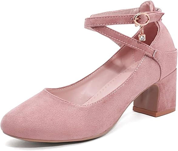 Amazon M Assolato 結婚式 入学式 パンプス パーティー セレモニー 靴 痛くない 疲れない ストラップ ローヒール 低めヒール ヒール ラウンドトゥ スエード お呼ばれ チャンキーヒール スエード ストラップパンプス M Assolato パンプス