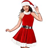 Hillban Women Christmas Santa Dress Costume Outfit with Hat Belt Velvet Adult Mrs. Claus Cosplay Xmas Dress for Lady