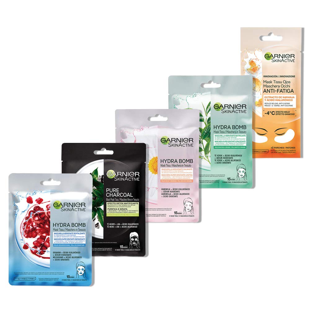 Garnier Skin Active Hydra Bomb 5 Skin Care Fabric Masks Moisturising Purifying Soothing Mattifying and Anti-Dark Circles Face and Eye Contour - Set of 5