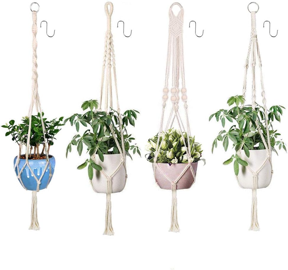 Xddias 4 Stück Makramee Blumenampel Baumwollseil Hängeampel, Blumentopf Pflanzen Halter Aufhänger Pflanzenhalter für Innen Außen Decken Balkone Wanddekoration (Beige)