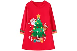 HILEELANG Toddler Girl Long Sleeve Christmas Dress Cotton Casual Jersey Shirt Playwear Applique Dress