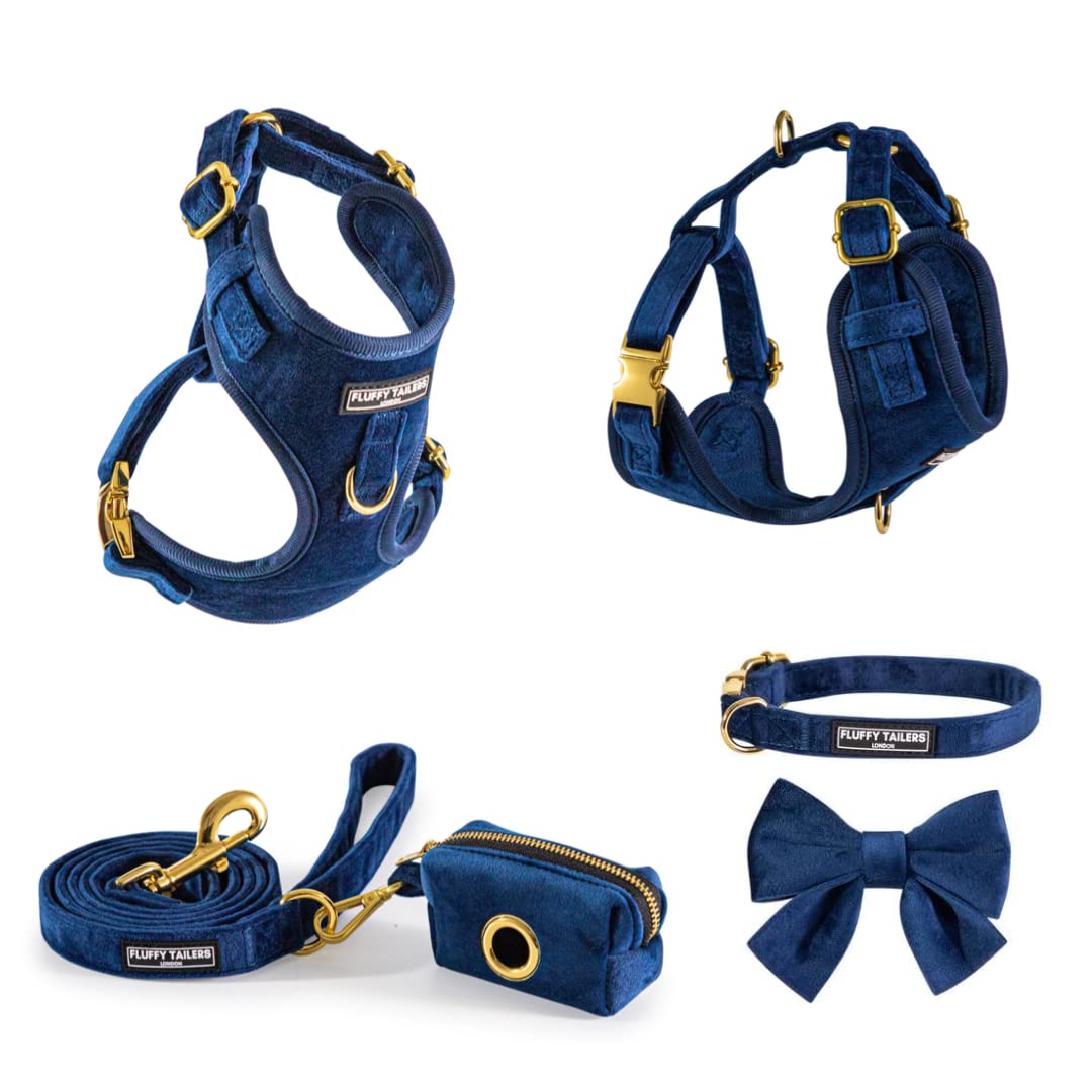 Fluffy Tailers Royal Blue Dog Collar and Harness Set with Dog Poop Bag Holder and Dog Bow Tie, Luxurious Velvet Small Dog Collar and Lead Set with No Pull Adjustable Puppy Harness (Small)