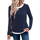 LOLONG Women Fall Long Sleeve Color Block T Shirts 2025 Casual Crew Neck Tops Tees