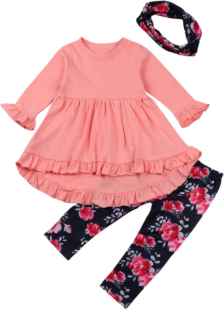 Ttkgyoe Little Girls Outfit Orange Long Sleeve Ruffle Irregular Hem Blouse Top and Floral Pants with Headband Baby Clothes Sets