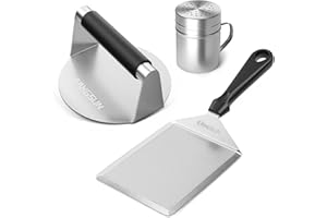 FANGSUN Smashed Burger Press Kit, Stainless Steel Burger Smasher, Grill Spatula and Spice Shaker, Hamburger Press Tool for Flat Top Grill, Griddle Accessories Kit for Outdoor Cooking, Grilling Gift