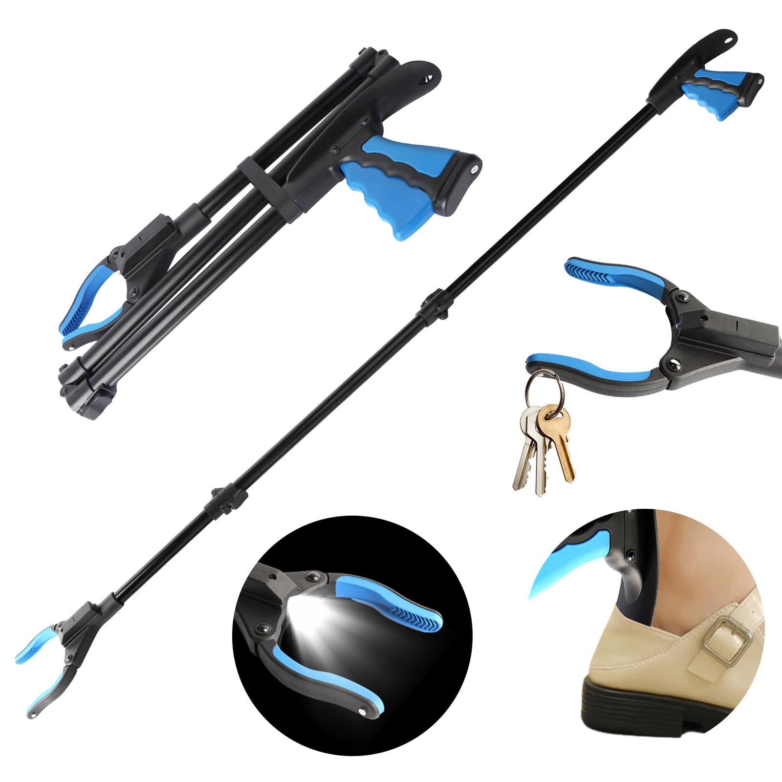 Aedcbaide Litter Pickers, 49" Grabbers Reacher Tool with Light for Disabled, Foldable Grabber Stick with Shoehorn- Extension Picker Upper, Hand Grabber Pick Up Sticks Disability Aids