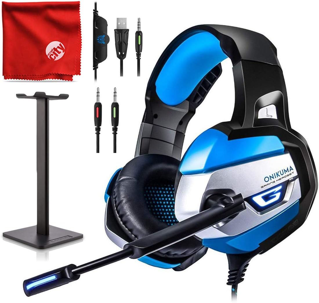 ONIKUMA K5 Blue LED Light Pro Over-Ear 7.1 Surround Sound Noise Cancelling Gaming Headset Microphone Bundle with Headphone Stand for PC, Xbox One, PS4, Nintendo Switch, Mac, Desktop, Laptop, Computer