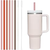 6 Pack Reusable Silicone Straws Compatible with Stanley 40oz 30oz 20oz Tumblers, 12.2" Long x 0.374" Diameter BPA-Free Drinking Straws with 2 Cleaning Brushes, Flexible Cuttable Teeth-Friendly