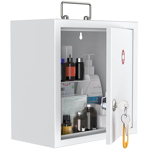 Uniclife Wall Mount Medicine Cabinet with Key Lock & Handle Locking First Aid Lockable Medical Storage Box Medium Medicine Organizer Secure Steel Wall Cabinet Metal Storage Box, White