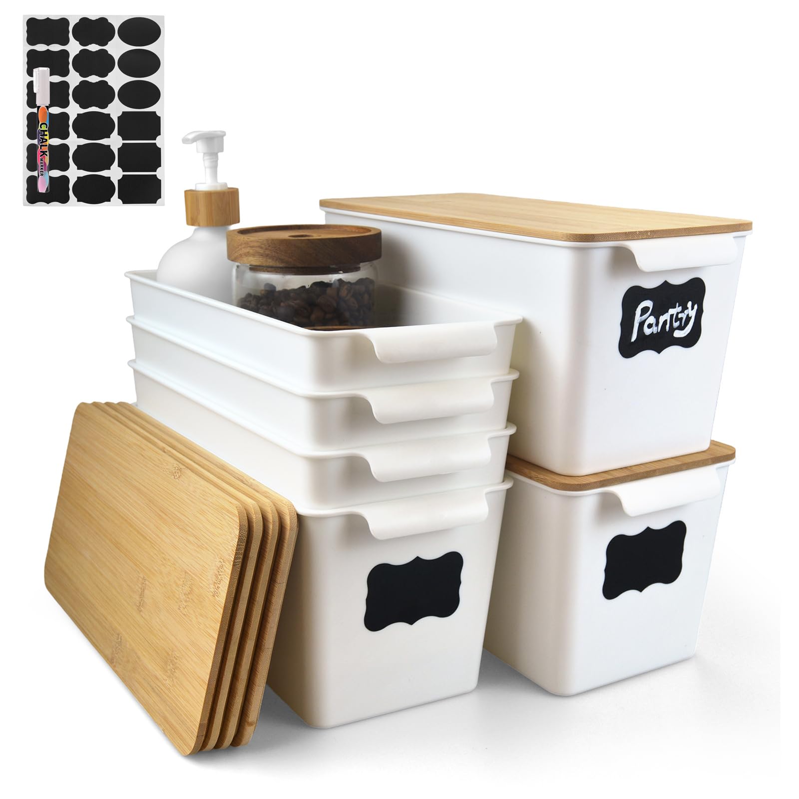 Photo 1 of Storage Bins with Bamboo Lids - Stackable Plastic Basket 6 Pack Large Lidded Organizing Boxes with Labels & Chalk Marker - Decorative Containers for Shelves Pantry Bathroom Classroom Office
