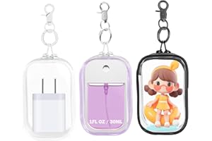 XCOSHAY Hand Sanitizer Spray Clear Case for 1FL OZ/30ml, 3 Pack Hand Sanitizer Holder Zippered Pouch, Mini Clear Makeup Bag, Figures Display Bag, with Keychain Snap Hook (Black & White & Purple)