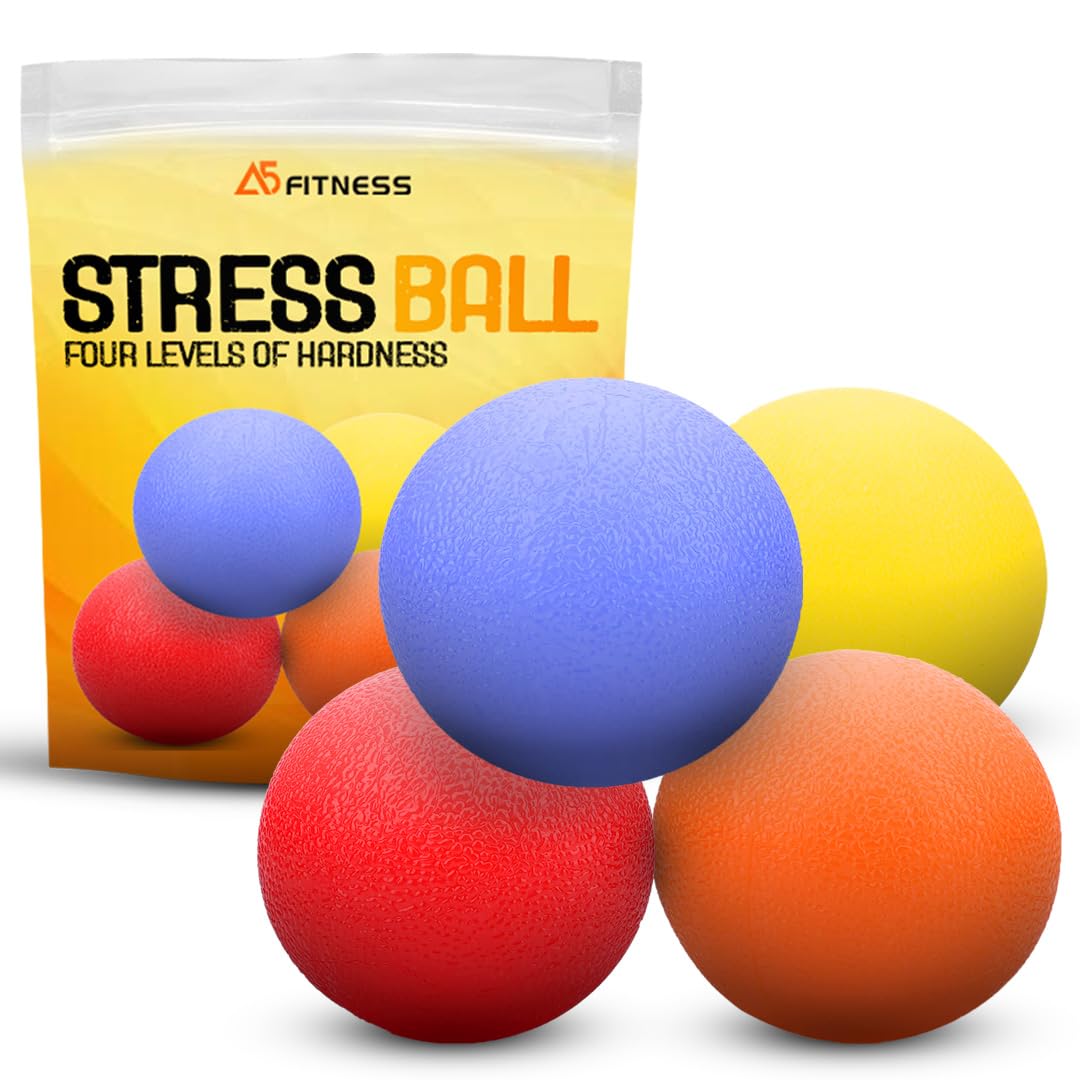 A5 Fitness Stress Balls for Adults – 5.5 cm Diameter Hand Exercise Ball Set for Grip Strength | 4 Resistance Levels: Yellow (30lb), Orange (50lb), Red (80lb), Blue (100lb)