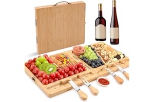 Bamboo Cheese Board with Tools, Cheese Plate Charcuterie Board with Knife and Fork Perfect for Family Gatherings, Weddings & 