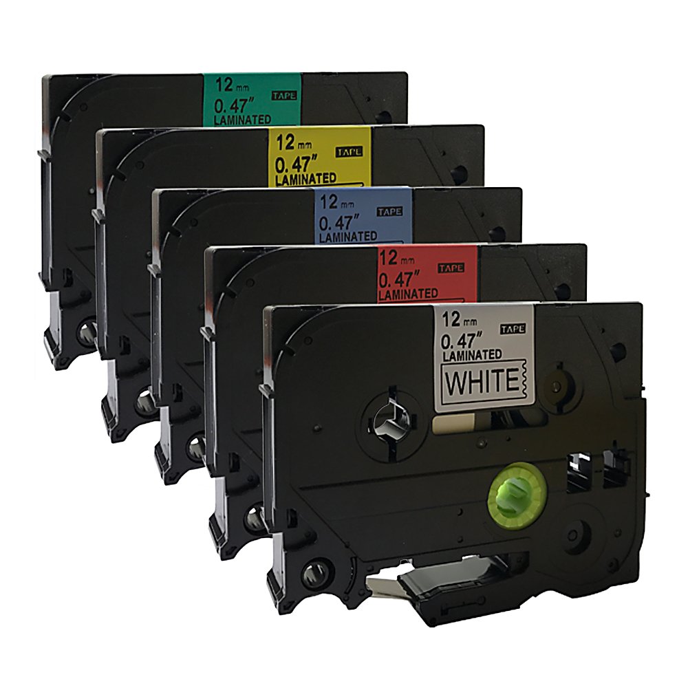 NEOUZA 5PK Compatible for Brother P-Touch Laminated TZe TZ Label Tape Cartridge 12mm x 8m (Set of Black on 5 Colors)