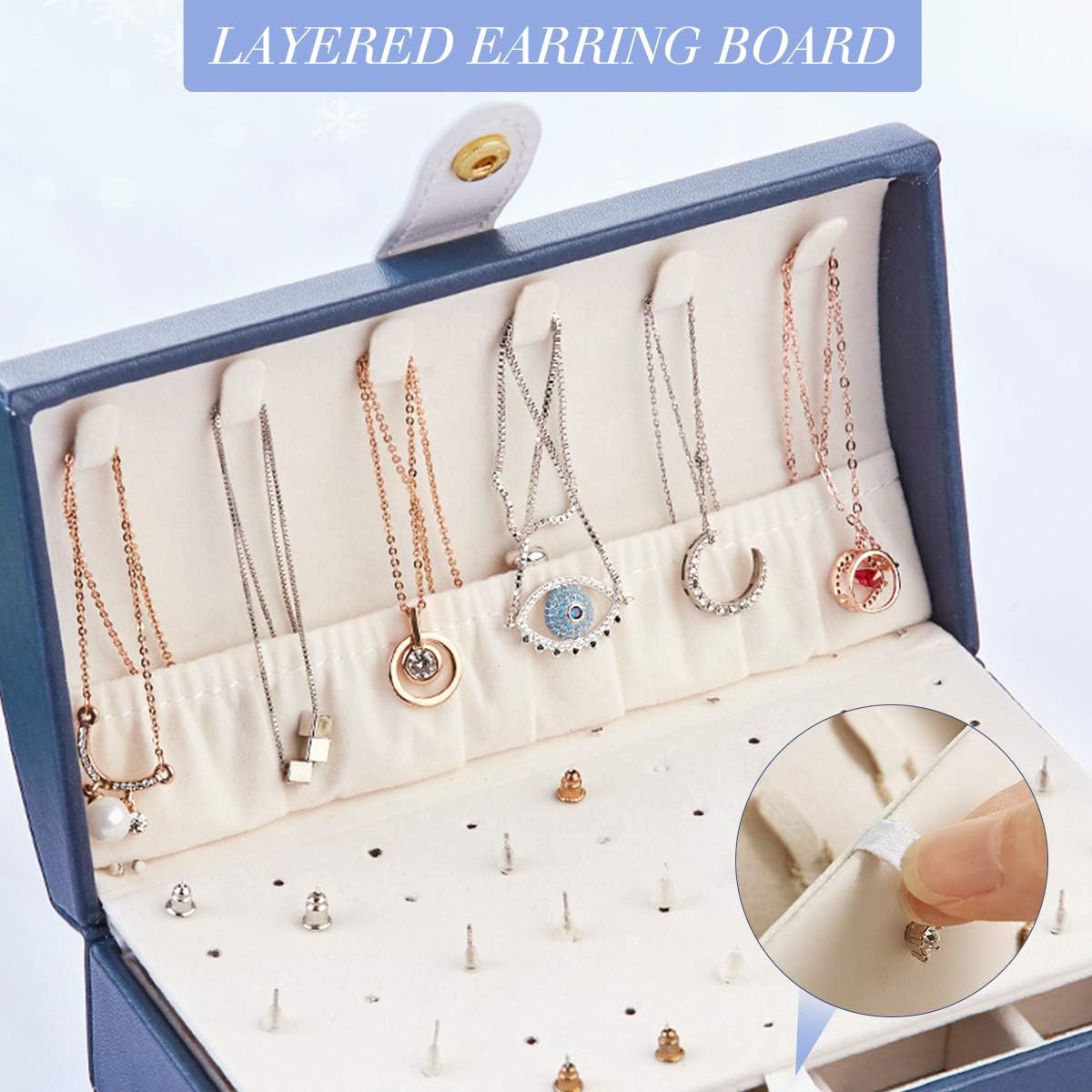 Travel Jewelry Box for Women, JOMARTO Two-Layer Jewelry Display Case PU Leather Jewelry Organizer for Necklace Earring Rings Compact Portable Jewelry Box with Button- Navy Blue: Home Improvement