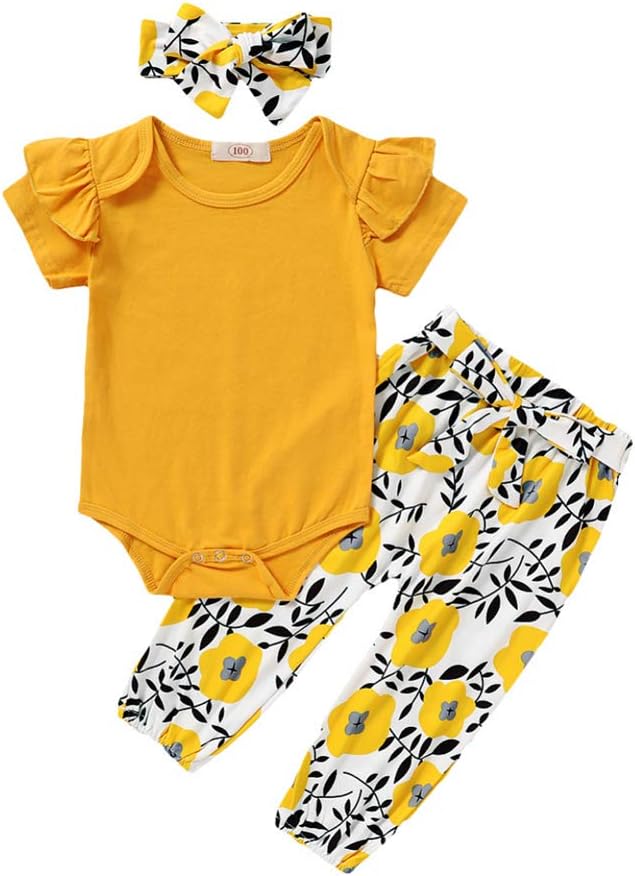 Newborn Baby Girls Clothes, Infant Kids Toddler Long/Short Sleeve Ruffle Romper Bodysuit and Floral Pants Set Outfits
