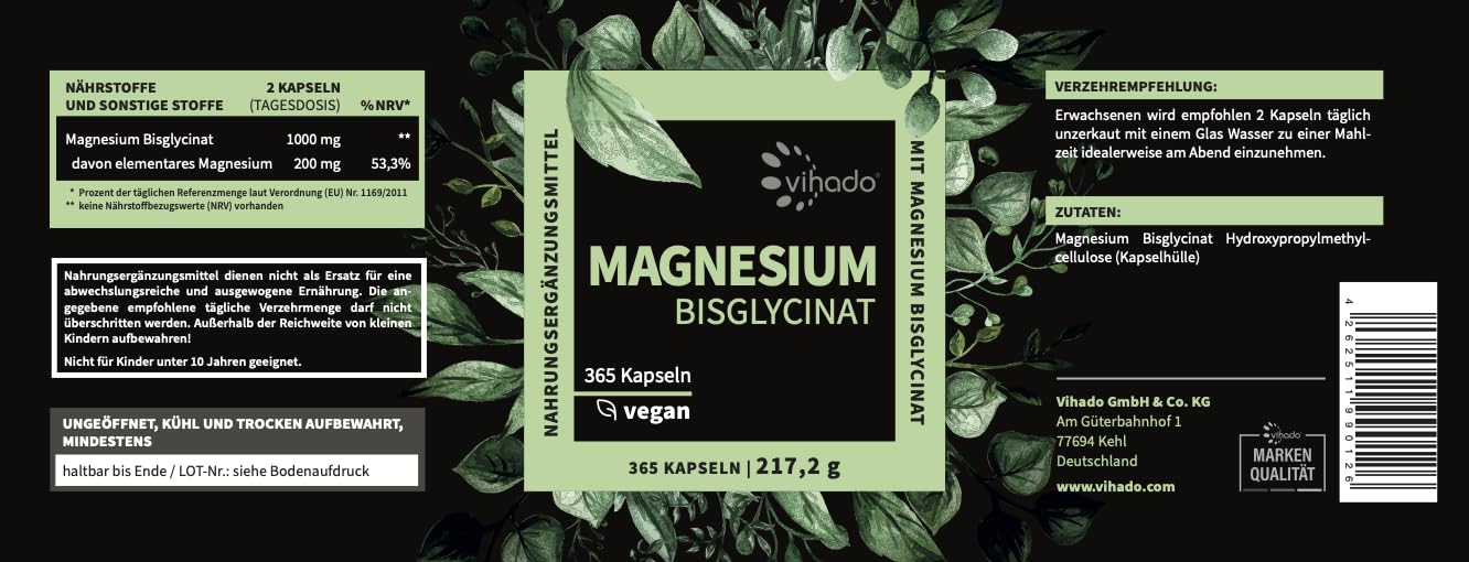 Vihado Magnesium Bisglycinat 365 XXL-Vorrat, 200 mg elementares Magnesium pro Tagesdosis, hochdosiert, 365 vegane Kapseln 6