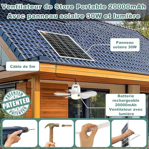 Gliztech Solar Fan with Light, Pavilion Ceiling Fan Lamp, Solar Panel and Remote Control, Suitable for Patio, Parasol, Workshop, Gazebo, Camping Canvas, Terrace.