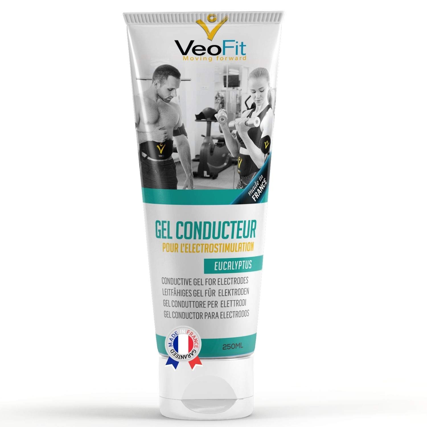 VeoFit- Conductive Gel for Ab Belt Eucalyptus 1x250mL, Electrostimulators, EMS TENS Electrodes - Improves Electrode Contact and Protects The Skin - Made in France