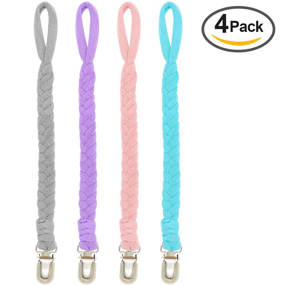 Pacifier Clips, Pack of 4 Teething Ring Holder for Babies, Soft Flexible Holder Leash for Pacifiers, Hand-Made Braided Baby Teething Soothie Band for Girls& Boys