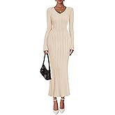 ZESICA Women's 2026 Spring Sweater Dress Long Sleeve V Neck Ribbed Knit Party Cocktail Bodycon Maxi Dresses