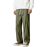 Elegant Seal Men's Corduroy Wide Leg Fashion Casual Pants Loose Fit Baggy Straight Sweatpants Elastic Waist Drawstring