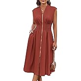 GRACE KARIN Womens Summer Casual Dress, Business Office Work Dresses, Cap Sleeve Zipper Front Flowy Midi Dress with Pockets